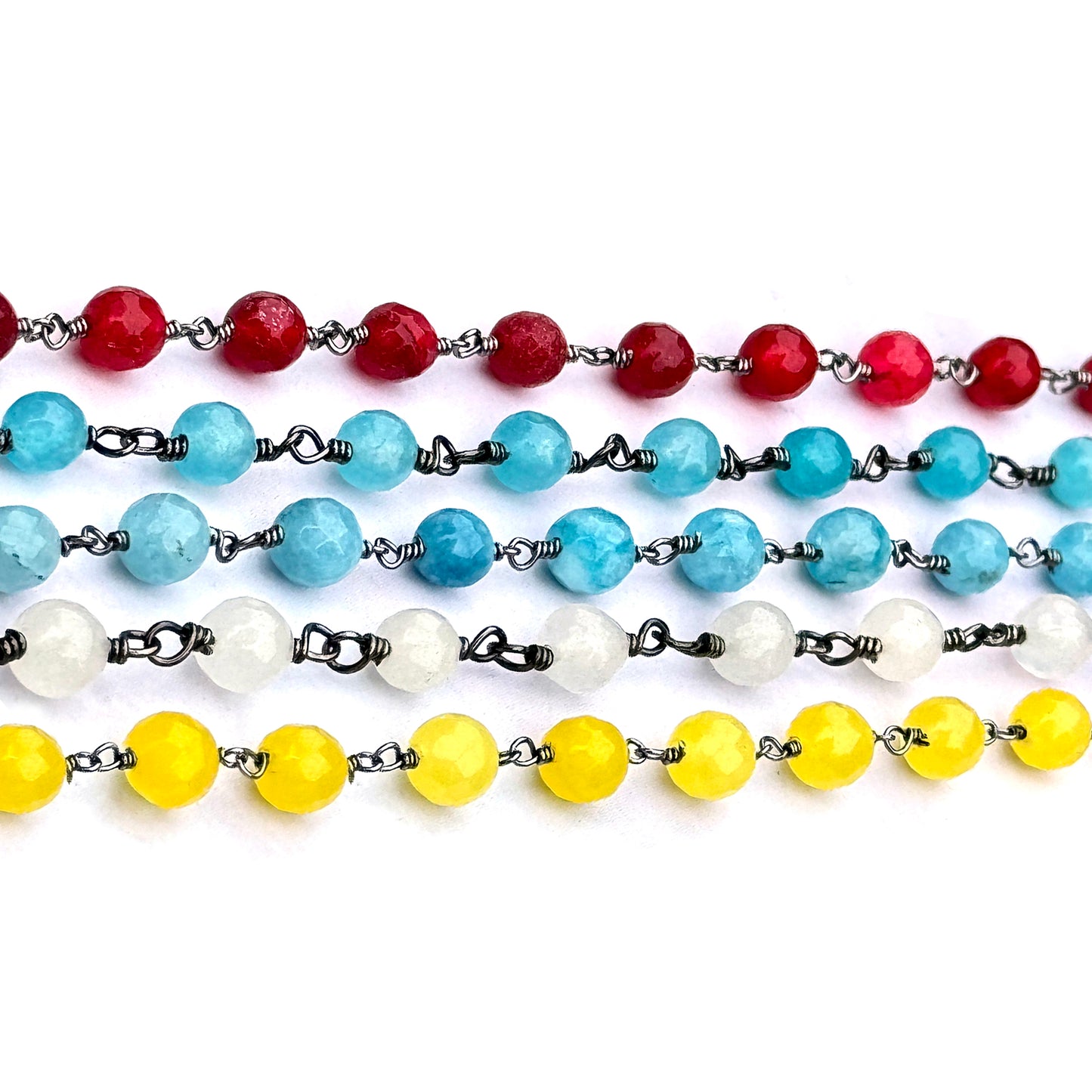 Dyed Jade Bead Faceted Crystal Round Rosary Chain Black Plating, 5-6mm, 1+ ft