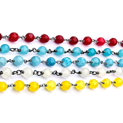 Dyed Jade Bead Faceted Crystal Round Rosary Chain Black Plating, 5-6mm, 1+ ft