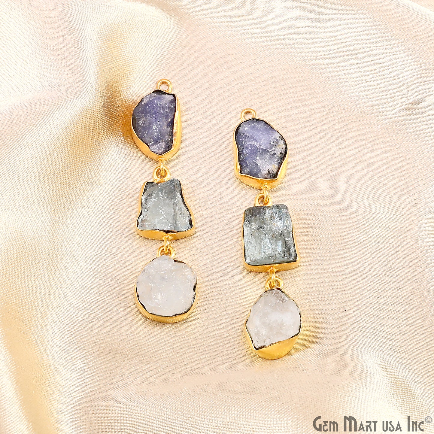 Rough Gemstone Bezel Setting 52x9mm Gold Plated Long Dangle Earring Pair Connectors