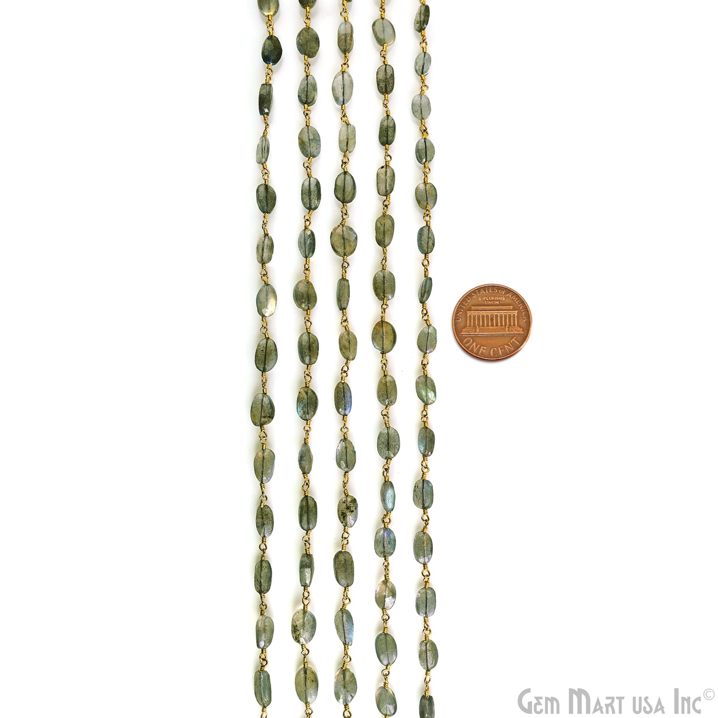 Labradorite 10x8mm Free Form Gold Plated Wire Wrapped Beads Rosary Chain