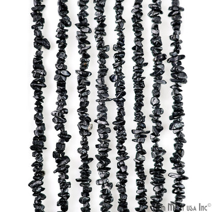 Black Tourmaline Chip Beads, 34 Inch, Natural Chip Strands, Drilled Strung Nugget Beads, 3-7mm, Polished, GemmartUSA (CHKT-70001)