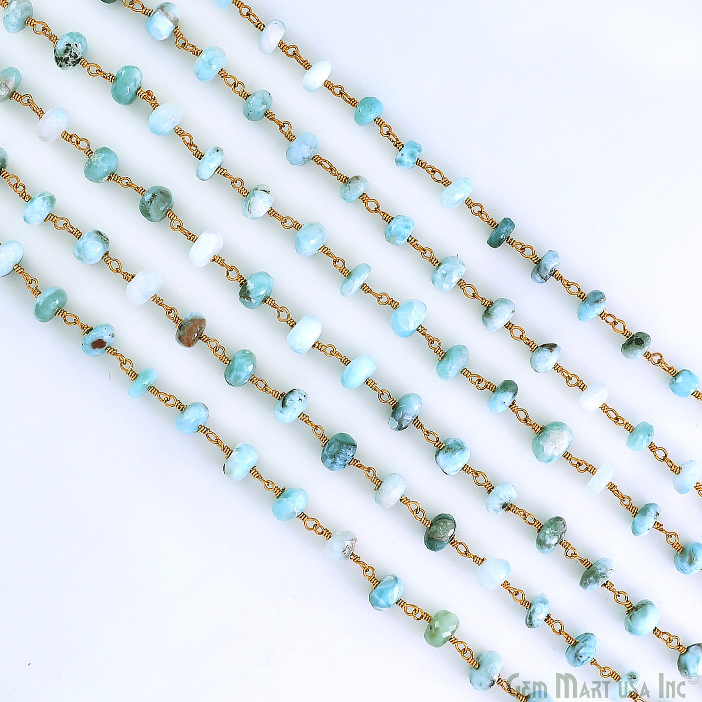 Larimar Faceted 5-6mm Gold Plated Beaded Wire Wrapped Rosary Chain