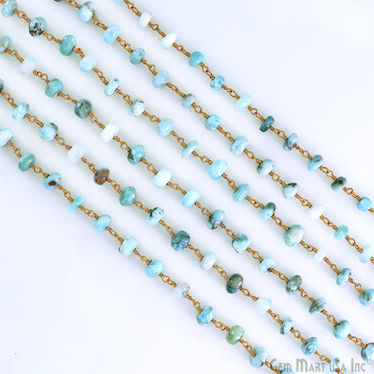 Larimar Faceted 5-6mm Gold Plated Beaded Wire Wrapped Rosary Chain