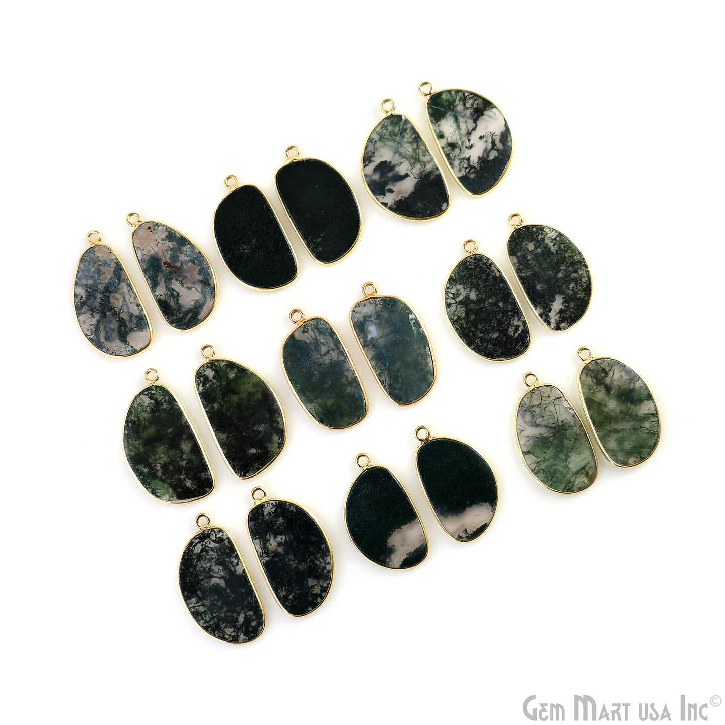 Moss Agate Free Form Gold Plated Single Bail Bezel Smooth Slab Slice Thick Gemstone Connector 28x16mm 1 Pair