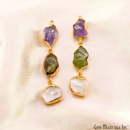 Rough Gemstone Bezel Setting 56x10mm Gold Plated Long Dangle Earring Pair Connectors