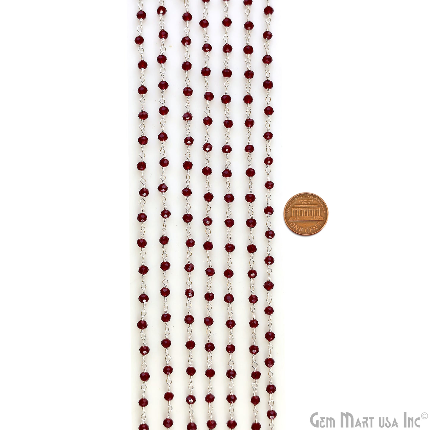 Garnet Color 3-3.5mm Tiny Beads Silver Plated Wire Wrapped Rosary Chain