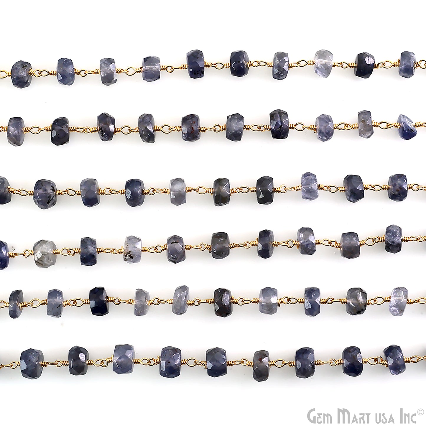 Iolite Faceted Beads 6-7mm Gold Wire Wrapped Beaded Rosary Chain