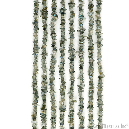 Labradorite Chip Beads, 34 Inch, Natural Chip Strands, Drilled Strung Nugget Beads, 3-7mm, Polished, GemMartUSA (CHLB-70001)