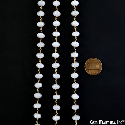 Rainbow Moonstone Cabochon 8-9mm Gold Wire Wrapped Rosary Chain