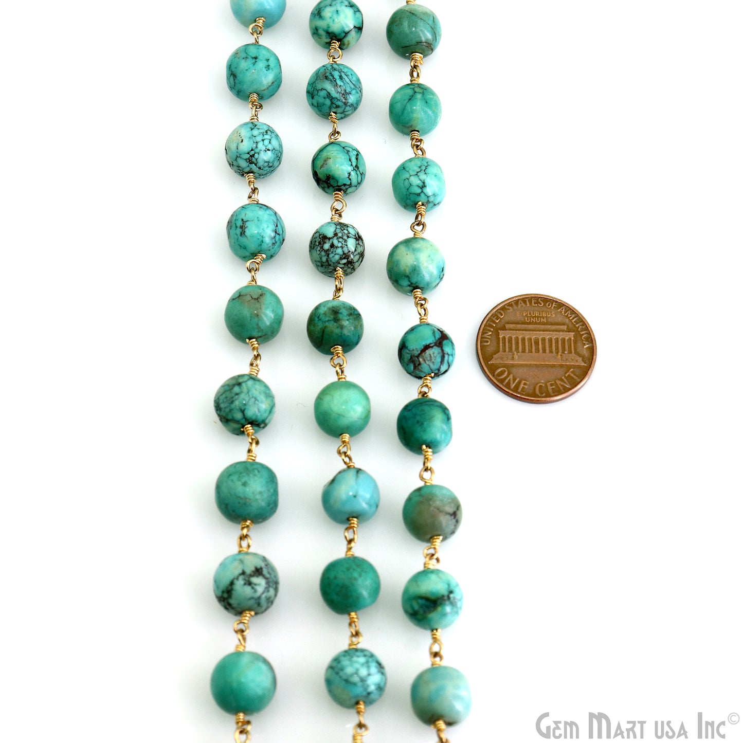 Turquoise Green Cabochon 9-10mm Gold Plated Wire Wrapped Rosary Chain