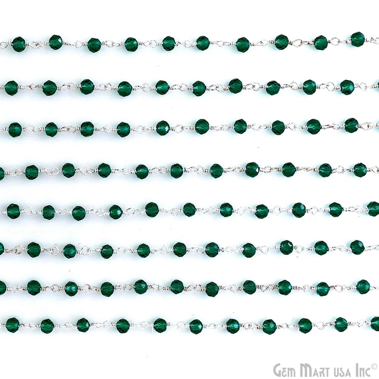 Green Zircon 3-3.5mm Faceted Beads Silver Wire Wrapped Rosary Chain