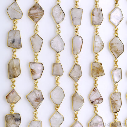 Golden Rutile 10-15mm Faceted Free Form Gold Plated Bezel Connector Link Chain
