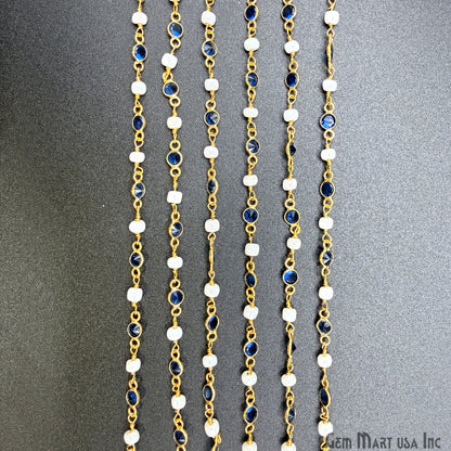 Sapphire & Pearl Beads Gold Plated Round Shape Bezel Link Continuous Connector Chain