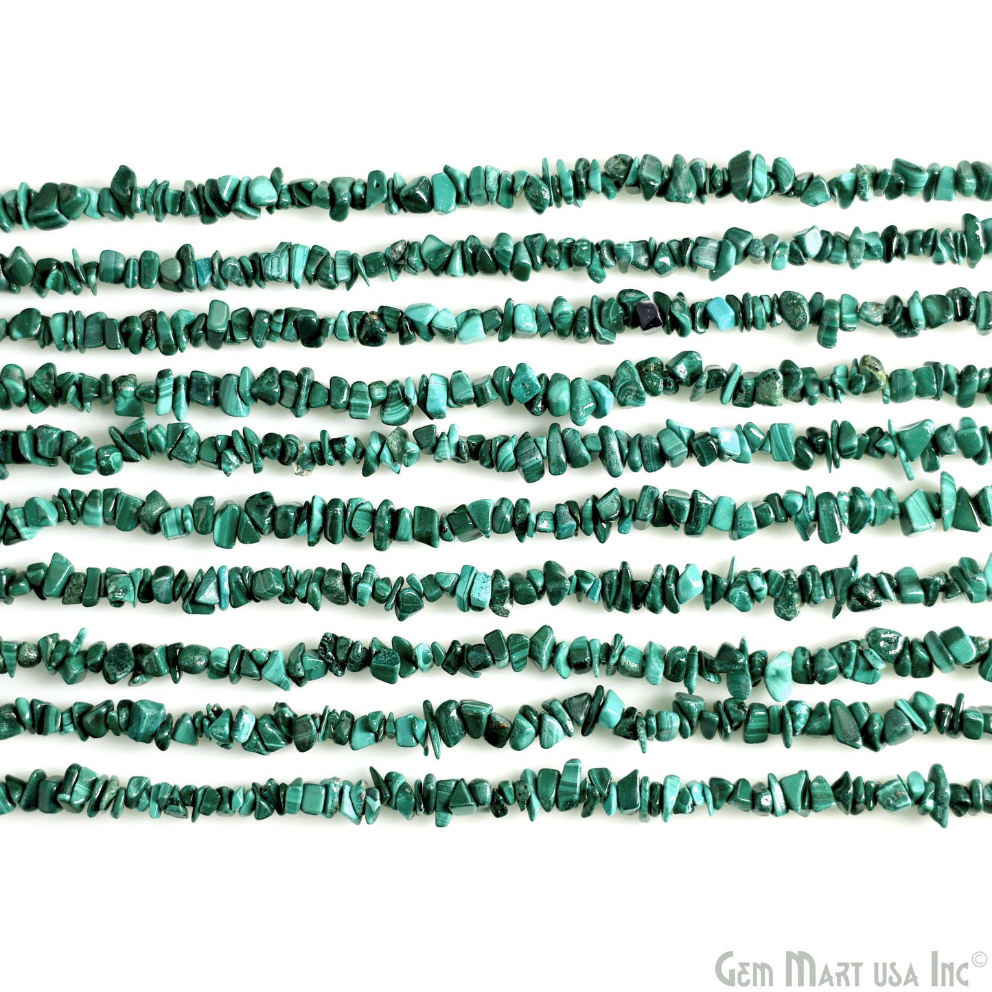 Malachite Chip Beads, 34 Inch, Natural Chip Strands, Drilled Strung Nugget Beads, 3-7mm, Polished, GemmartUSA (CHMC-70001)
