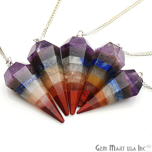 Seven Chakra Crystal Dowsing Pendulum - Natural Gemstone Pendant with Silver Chain