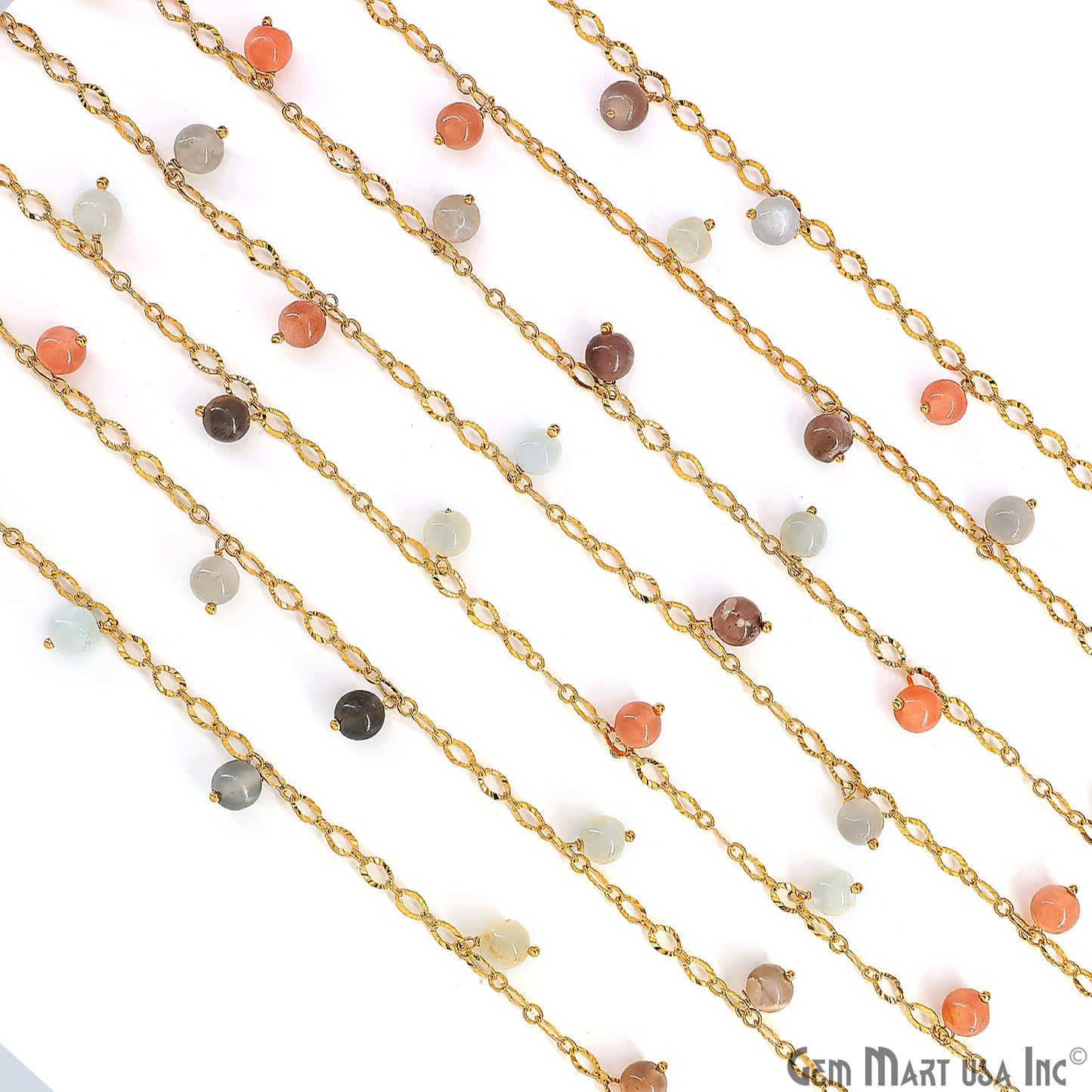 Multi Moonstone Cabochon Round Beads 5-6mm Gold Wire Wrapped Dangle Rosary Chain