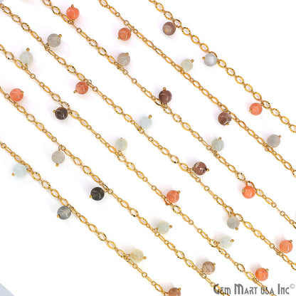 Multi Moonstone Cabochon Round Beads 5-6mm Gold Wire Wrapped Dangle Rosary Chain