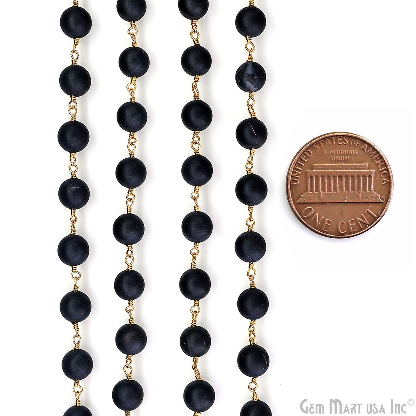 Black Tourmaline 8mm Cabochon Beads Gold Wire Wrapped Rosary Chain