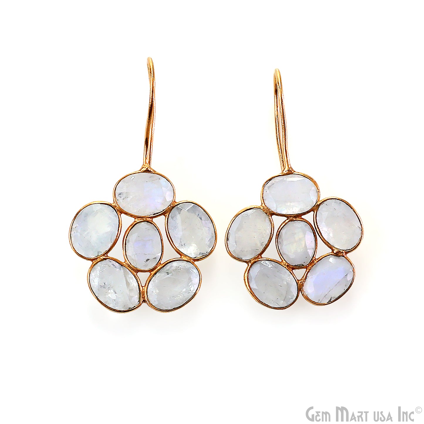 Rainbow Moonstone Drop Earrings 35x21mm Oval Cluster, Gold Plated Dangle Jewelry