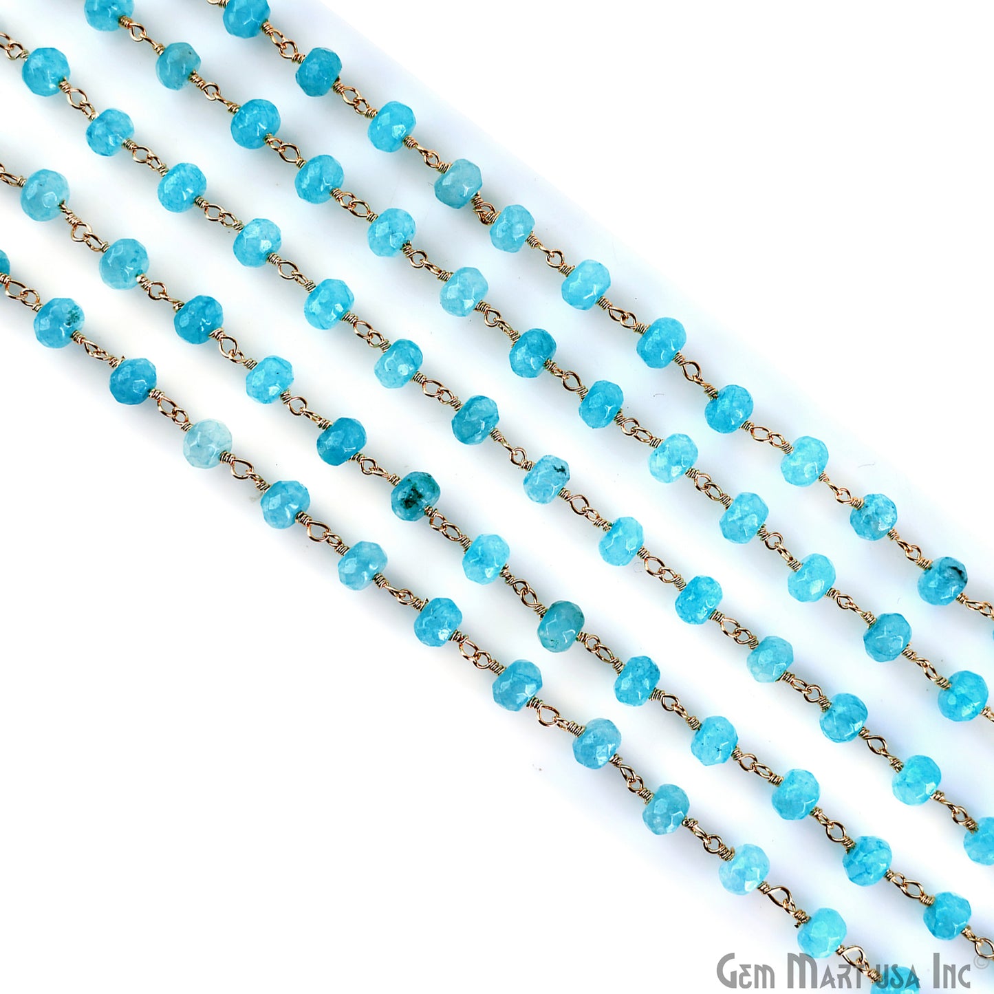 Light Blue Jade 6mm Round Beads Gold Plated Wire Wrapped Rosary Chain