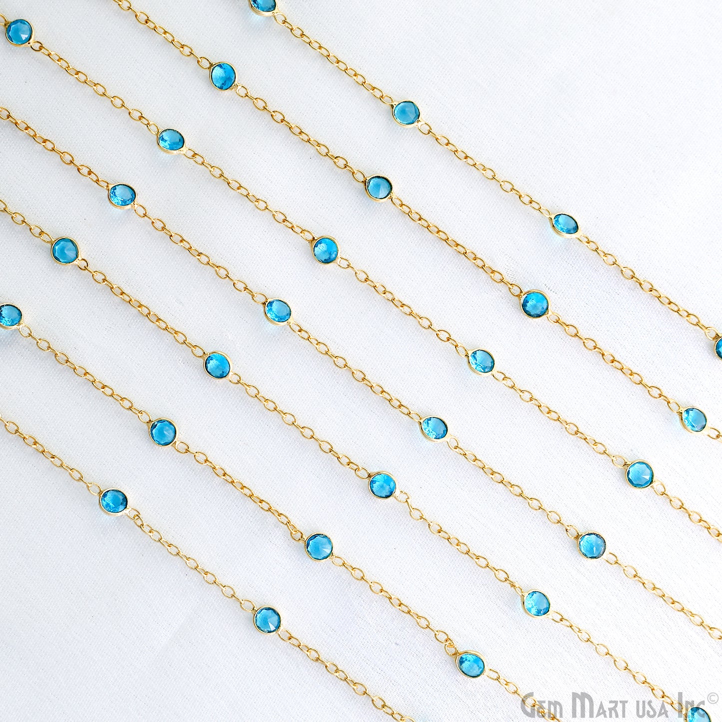 Swiss Blue Topaz Round 4mm Gold Plated Bezel Connector Rosary Chain