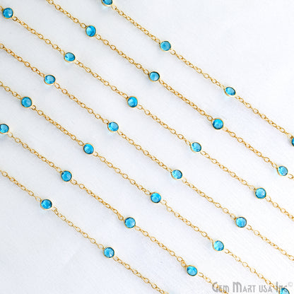 Swiss Blue Topaz Round 4mm Gold Plated Bezel Connector Rosary Chain