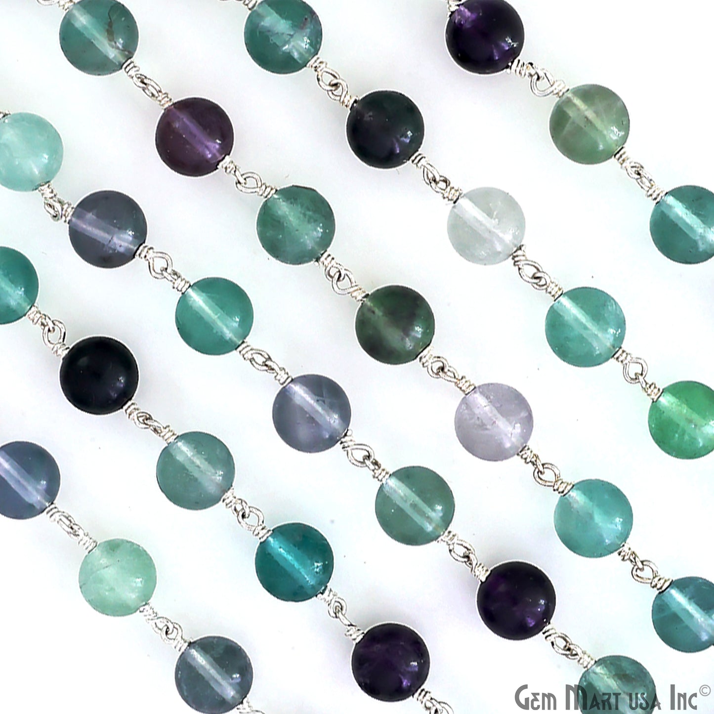 Fluorite 8mm Cabochon Beads Silver Wire Wrapped Rosary Chain