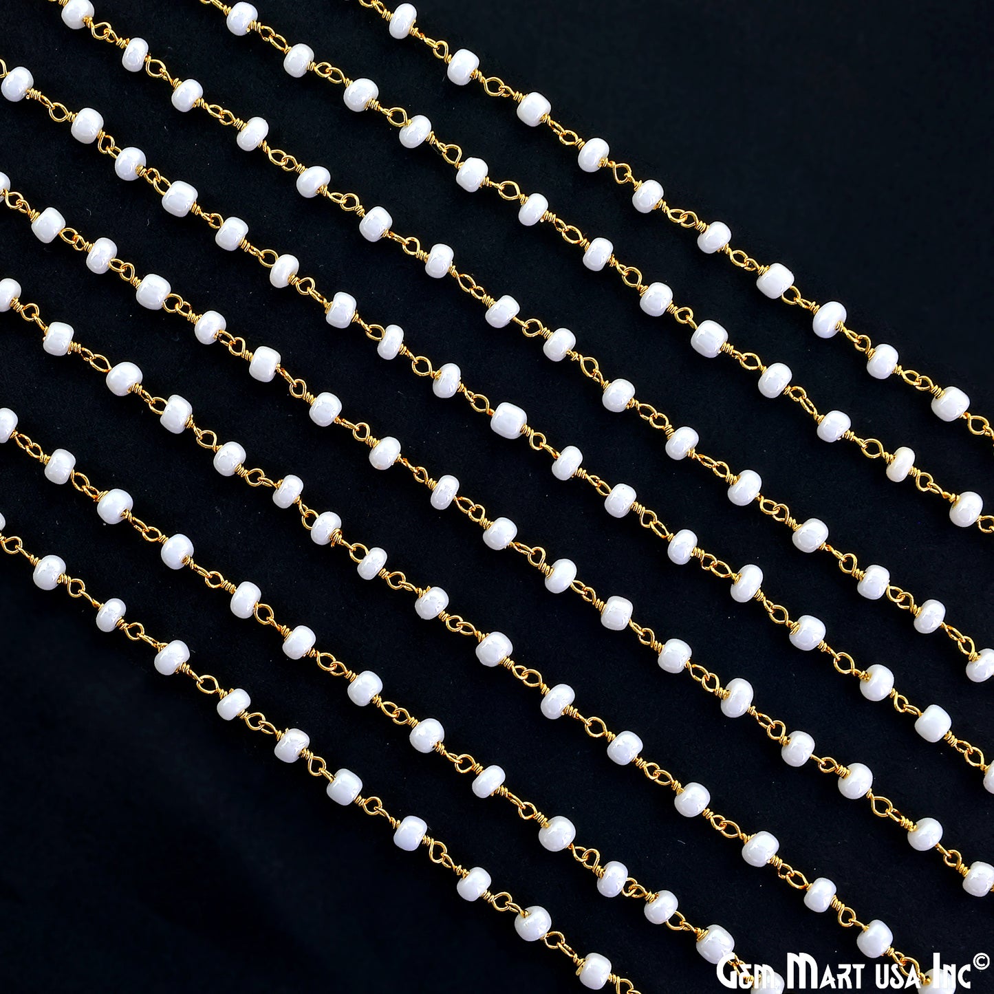 Synthetic Pearl Cabochon Beads 4mm Gold Wire Wrapped Rosary Chain
