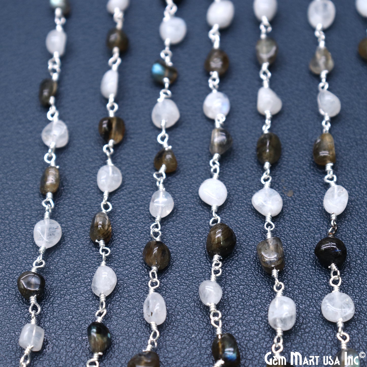 Rainbow Moonstone & Labradorite Tumble Beads 8x5mm Beads Silver Plated Rosary Chain