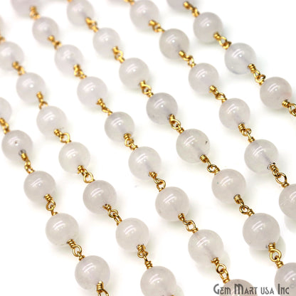 White Jade Cabochon Beads 8mm Gold Wire Wrapped Rosary Chain