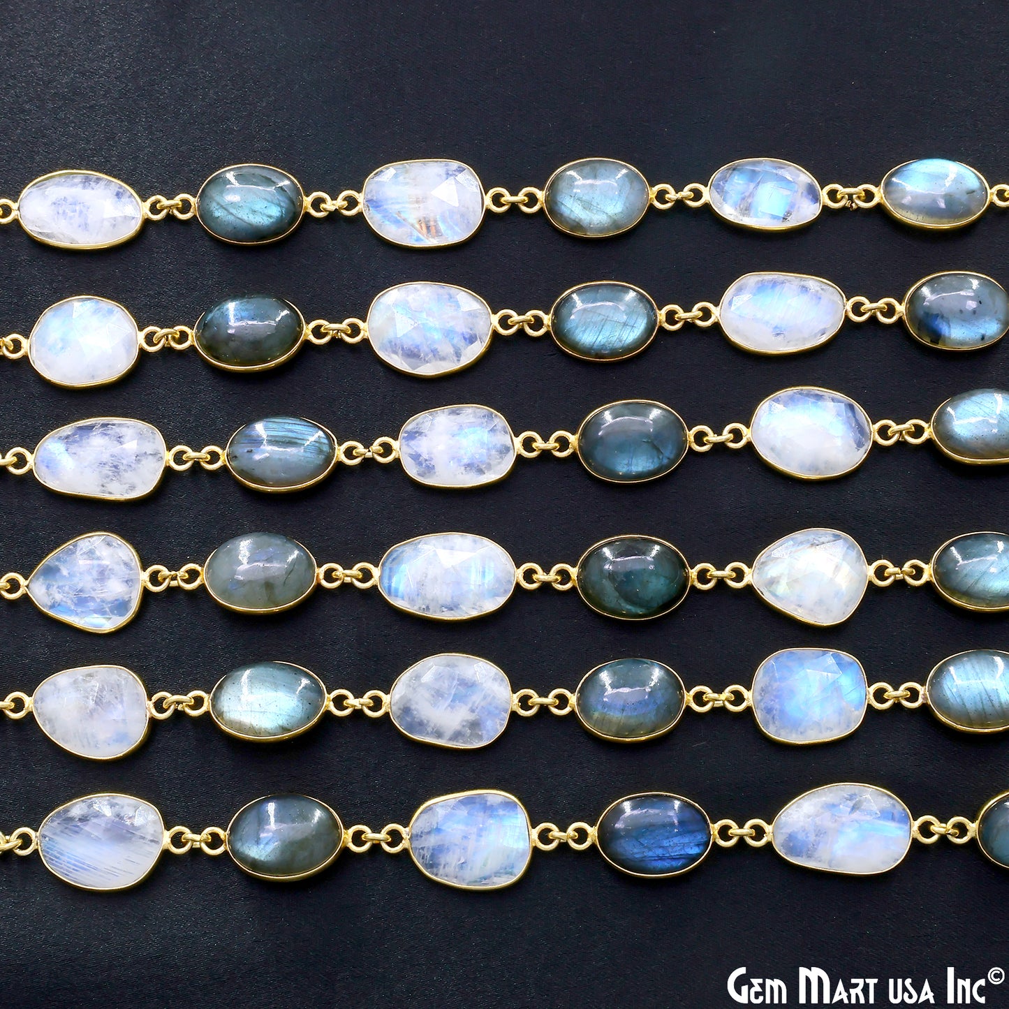 Rainbow Moonstone Faceted & Labradorite Oval 10-15mm Cabochon Bezel Link Connector Chain