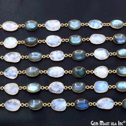 Rainbow Moonstone Faceted & Labradorite Oval 10-15mm Cabochon Bezel Link Connector Chain