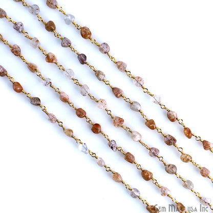 Sunstone Free Form Beads 4-5mm Gold Wire Wrapped Rosary Chain