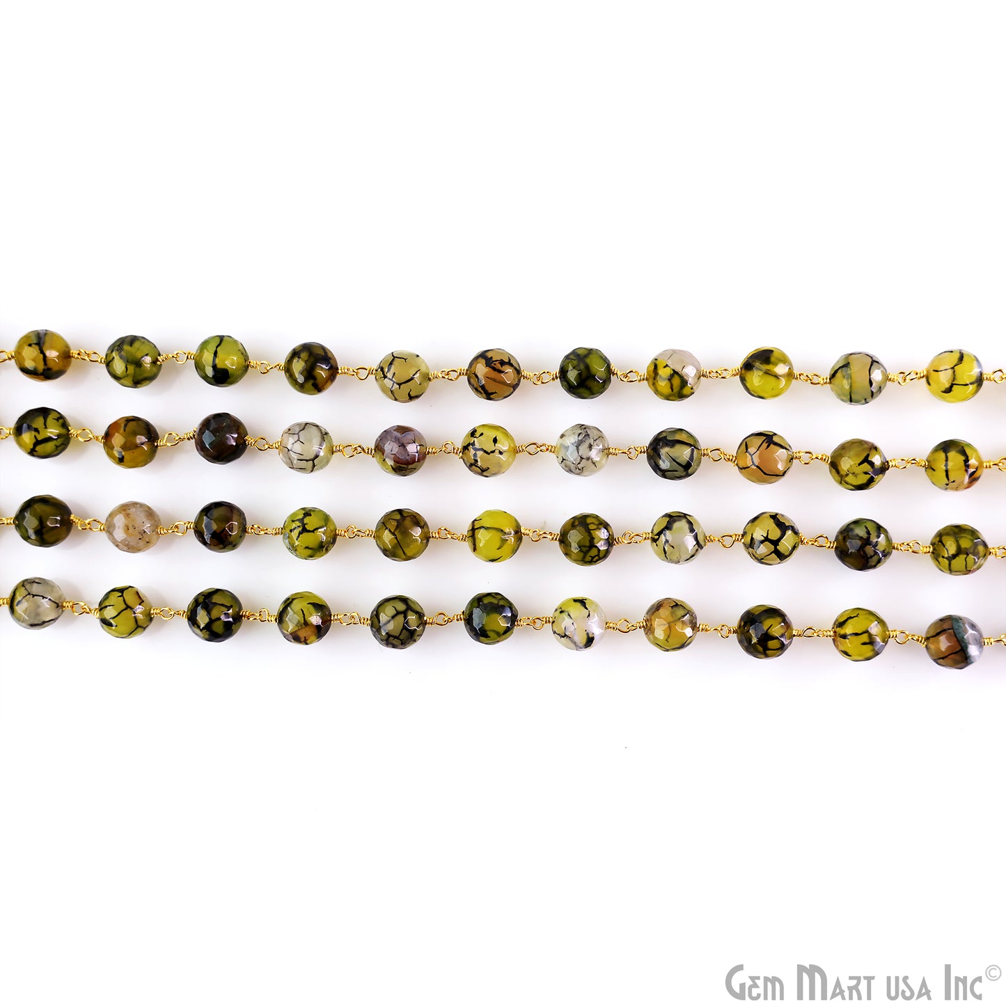 Yellow Green Dragon Agate Faceted Beads 10mm Gold Wire Wrapped Rosary Chain