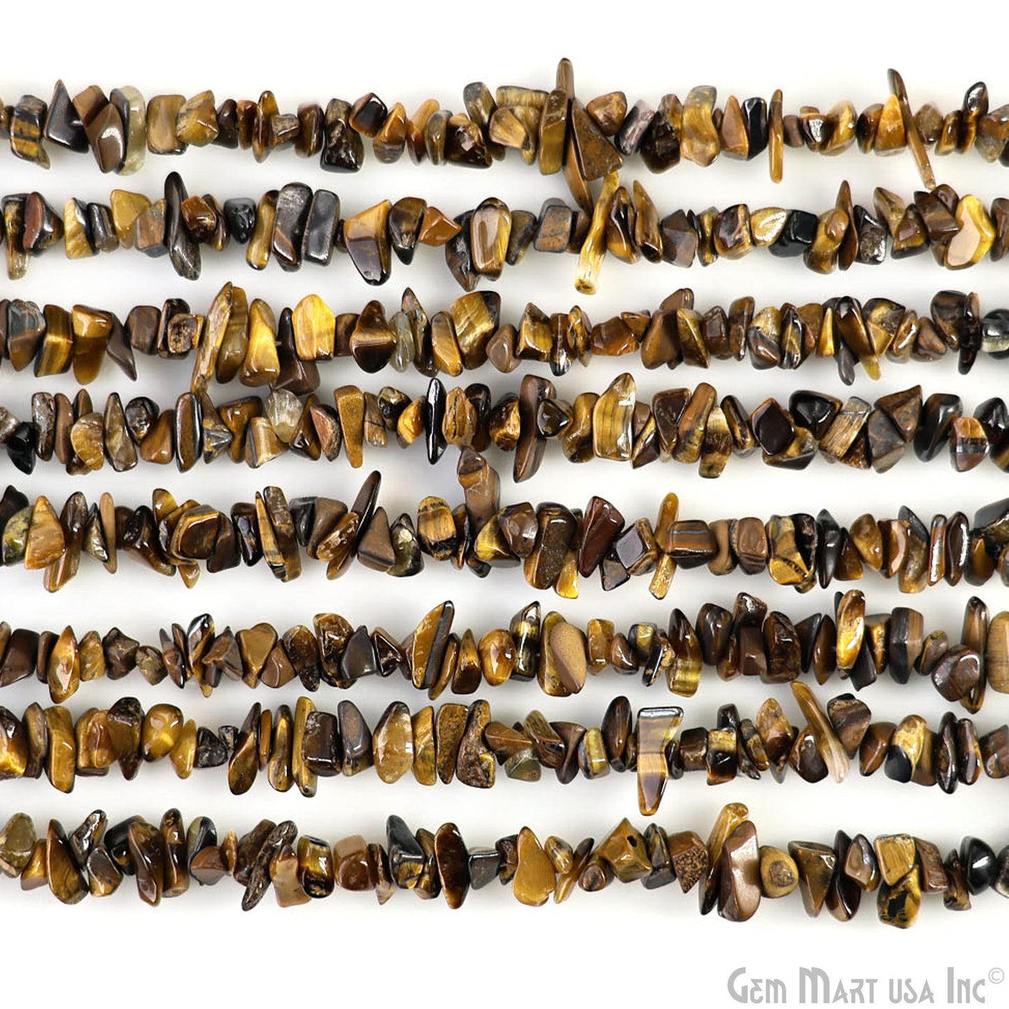 Tiger Eye Chip Beads, 34 Inch, Natural Chip Strands, Drilled Strung Nugget Beads, 3-7mm, Polished, GemMartUSA (CHTE-70001)