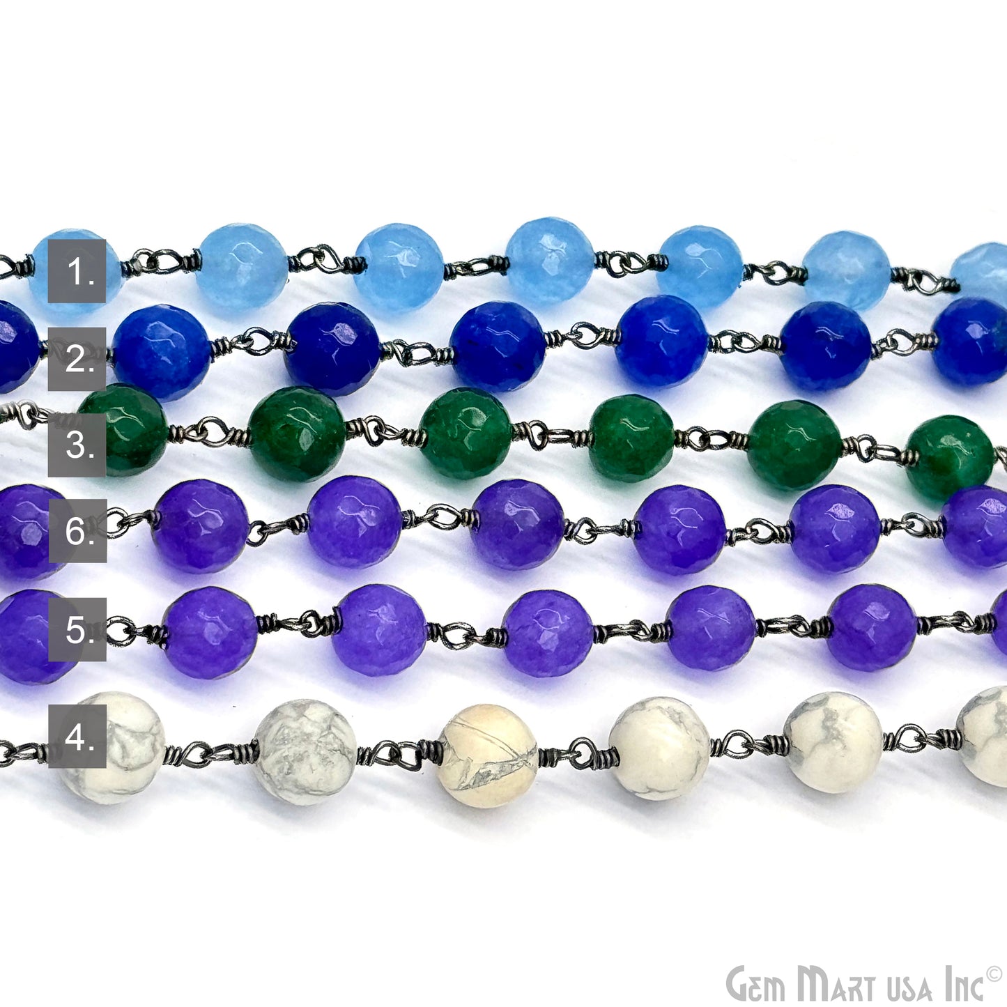 Dyed Jade Bead Faceted Crystal Round Rosary Chain Black Plating, 8mm, 1+ ft