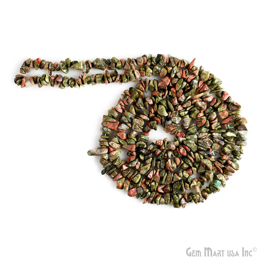 Unakite Chip Beads, 34 Inch, Natural Chip Strands, Drilled Strung Nugget Beads, 3-7mm, Polished, GemMartUSA (CHUN-70001)