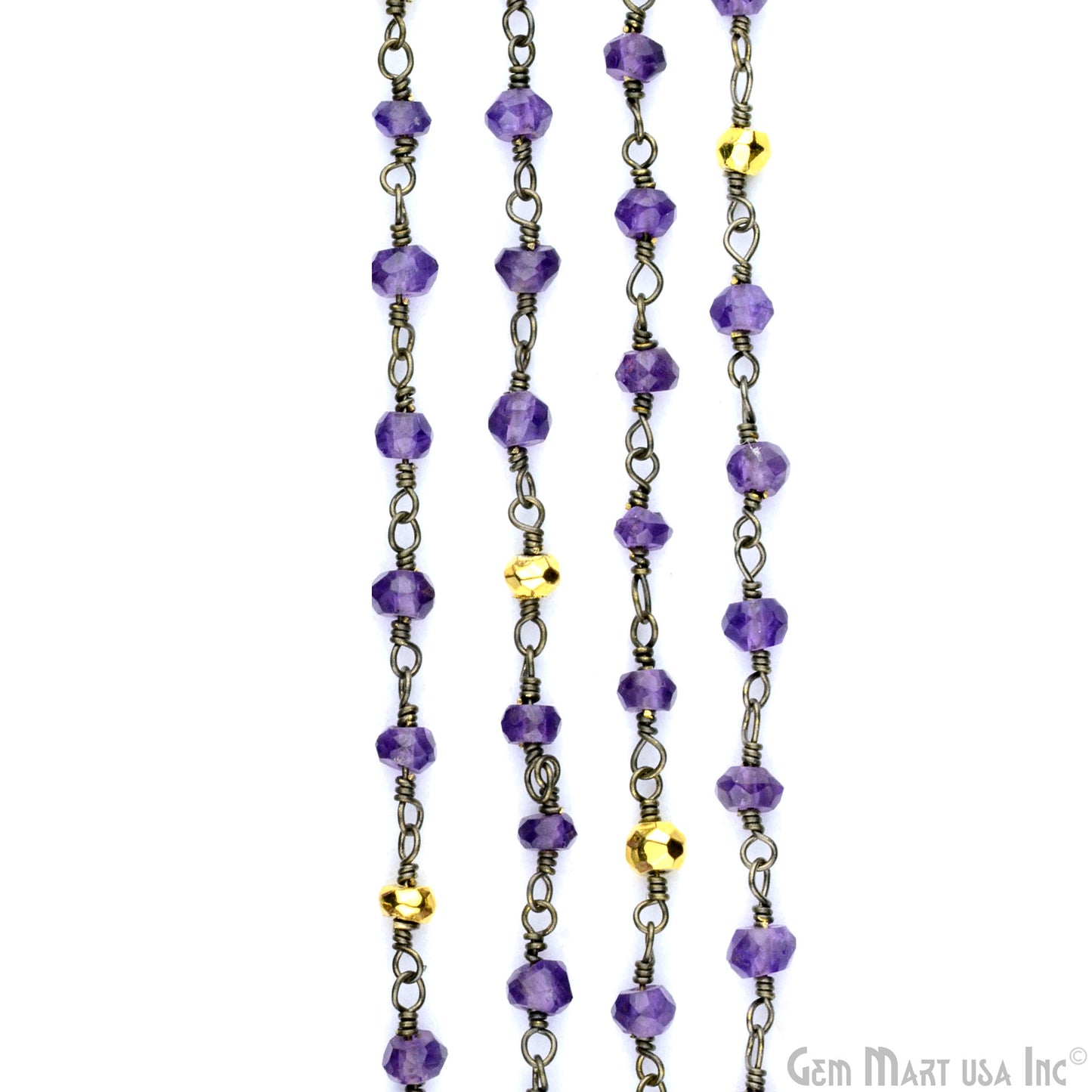 Amethyst & Golden Pyrite Beads Oxidized Wire Wrapped Rosary Chain