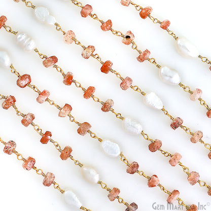 Sunstone 4-5mm & Pearl 8x5mm Beads Gold Plated Rosary Chain