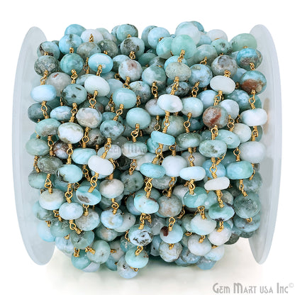 Larimar Faceted 8-9mm Gold Plated Beaded Wire Wrapped Rosary Chain