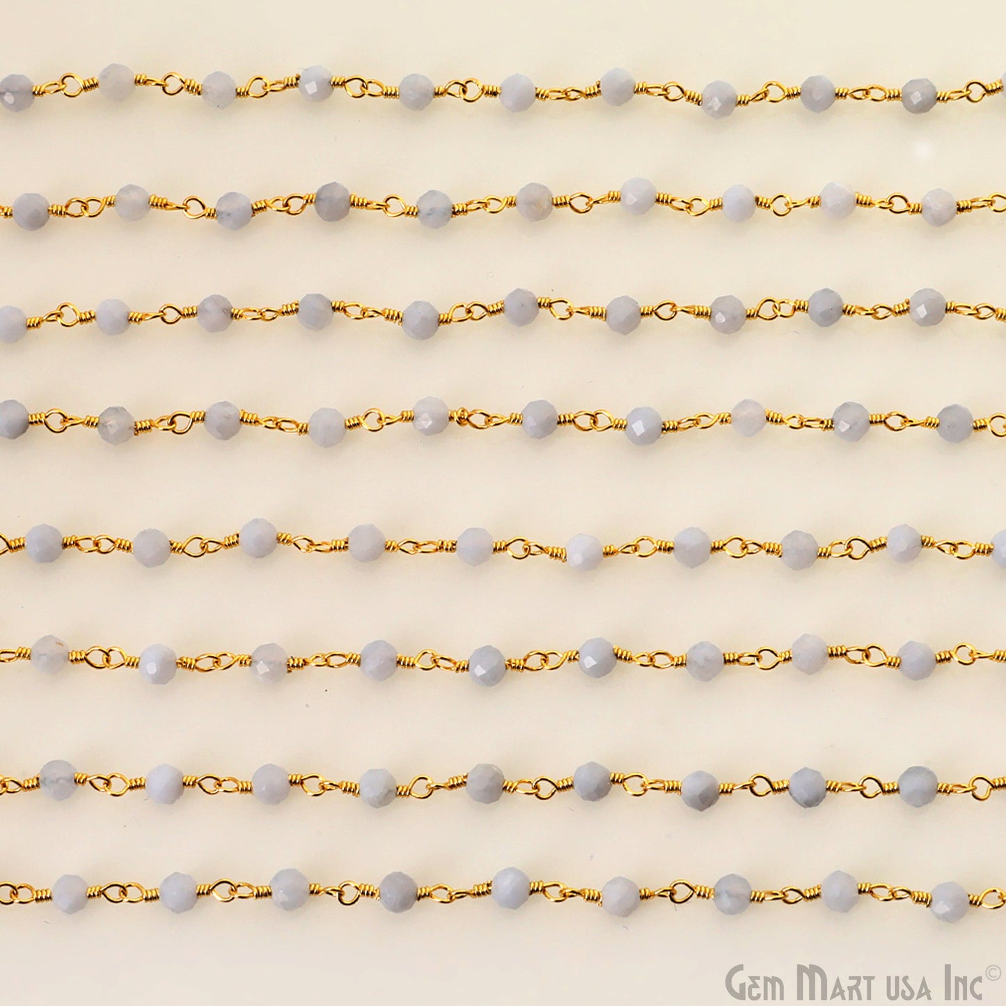 Blue Lace Agate 3-3.5mm Gold Plated Beaded Wire Wrapped Rosary Chain