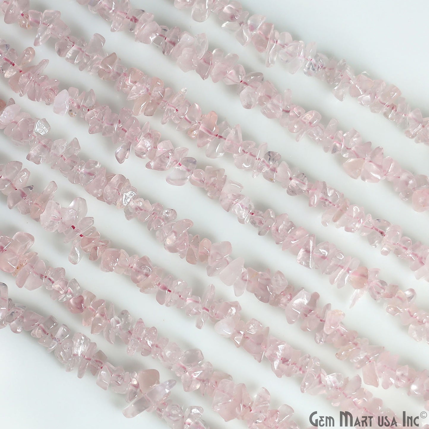 Rose Quartz Chip Beads, 34 Inch, Natural Chip Strands, Drilled Strung Nugget Beads, 3-7mm, Polished, GemMartUSA (CHRQ-70001)