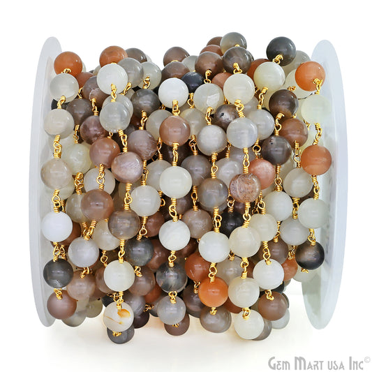 Multi Moonstone Cabochon Beads 8-9mm Gold Wire Wrapped Rosary Chain