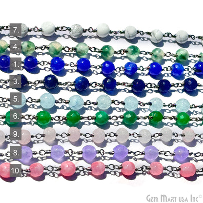 Dyed Jade Bead Faceted Crystal Round Rosary Chain Black Plating, 5-6mm, 1+ ft