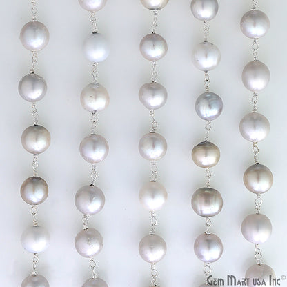 Gray Pearl Cabochon Beads 9-10mm Silver Plated Gemstone Rosary Chain
