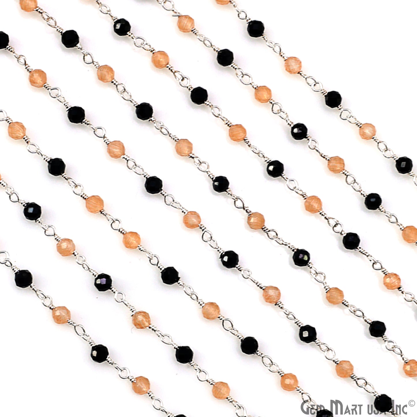 Caramel Monalisa & Black Monalisa Faceted 3-3.5mm Silver Plated Beaded Wire Wrapped Rosary Chain