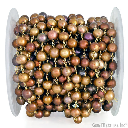 Golden Pearl Cabochon Beads 7-8mm Gold Plated Gemstone Rosary Chain