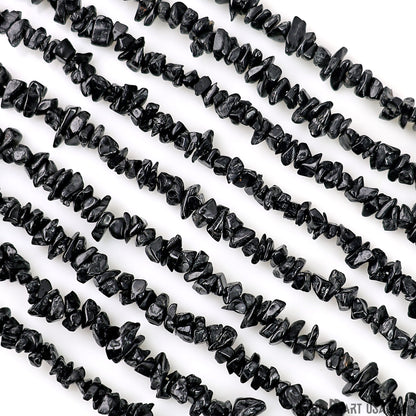 Black Tourmaline Chip Beads, 34 Inch, Natural Chip Strands, Drilled Strung Nugget Beads, 3-7mm, Polished, GemmartUSA (CHKT-70001)
