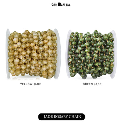 Dyed Jade Bead Cabochon Crystal Round Rosary Chain Gold Plating, 8-9mm, 1+ ft