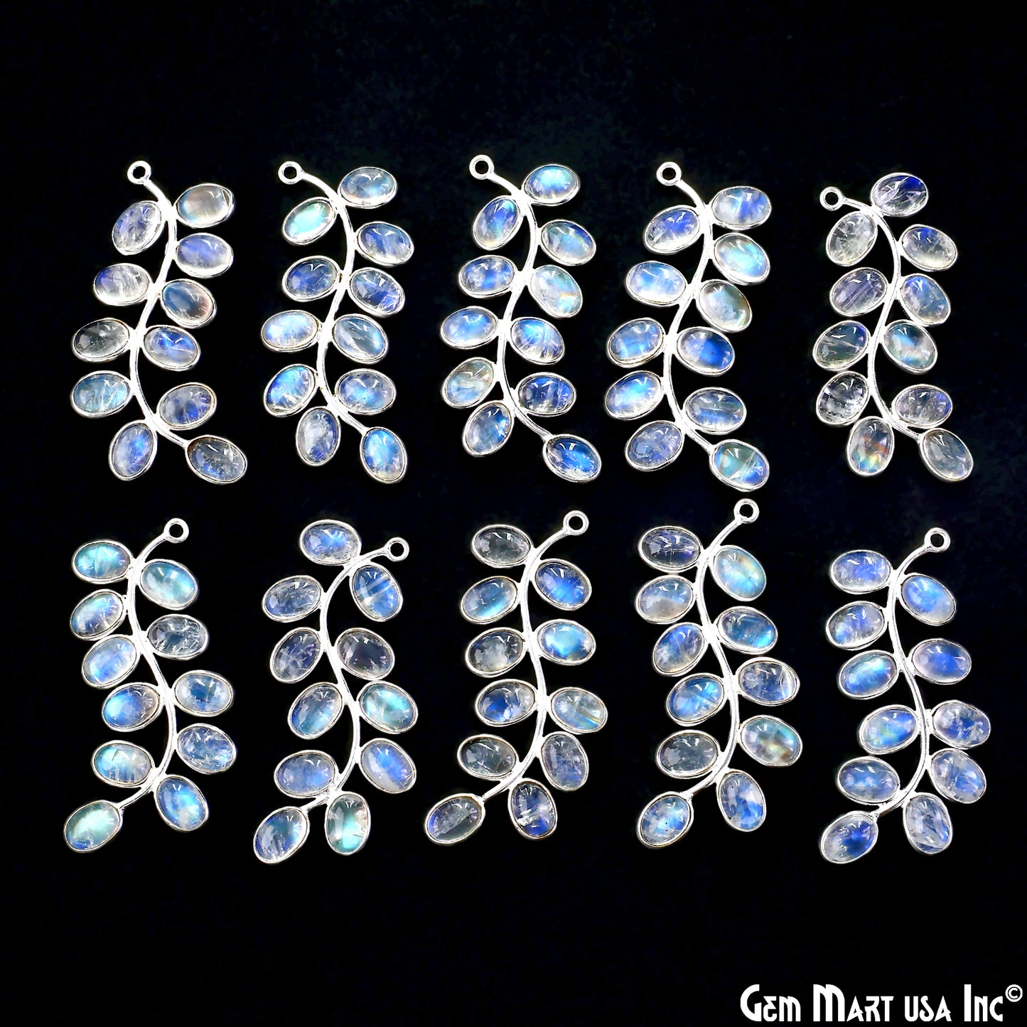 Rainbow Moonstone Silver Plated 44x16mm Leaf Dangle Finding Component